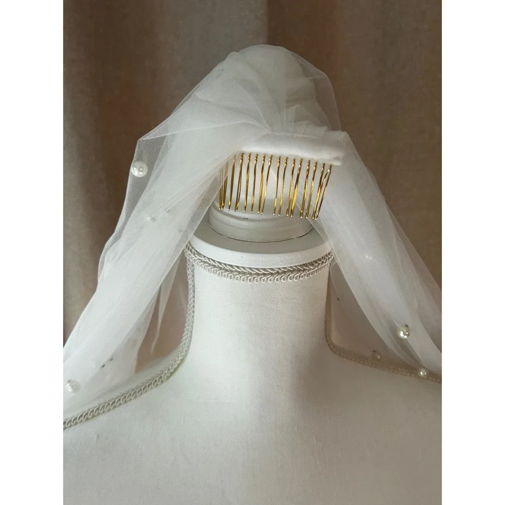 Cathedral Pearl Bridal Veil | Hand-Stitched Ivory Tulle | Pearl Wedding Veil